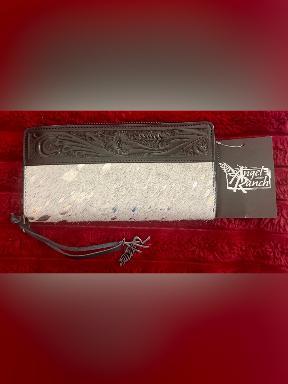 Angel Ranch White Hair-On Hide Wristlet Clutch with Black Tooled Trim